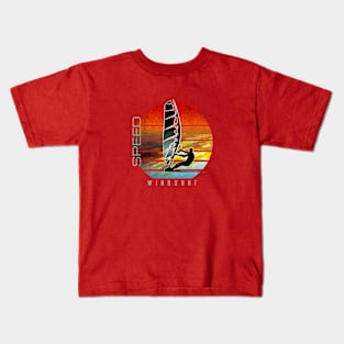 windsurfer planing at sunset over ocean waves Kids T-Shirt